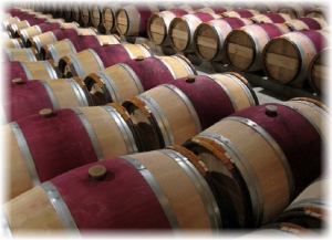 Red striped wine barrels